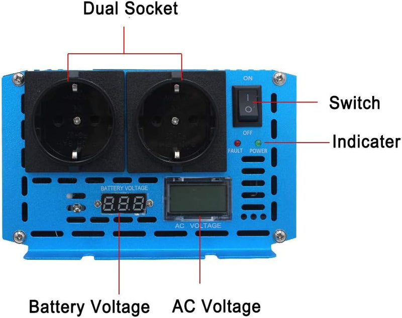 Cantonape Spannungswandler 12V auf 230V 2000W Reiner Sinus Wechselrichter Konverter mit Zwei AC-stec