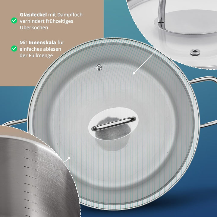 KHG Topf Kochtopf 26 cm, 9 Liter Induktion, Edelstahl unbeschichtet inkl. Glasdeckel - XXL Suppentop