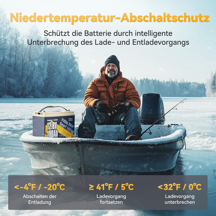 Power Queen LiFePO4 12V 100Ah Bluetooth Batterie, mit Tieftemperaturschutz und 100A BMS, Max. 15000