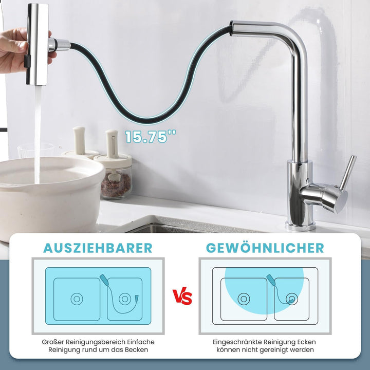 Niederdruck Armatur Küche Ausziehbar,Chrome Edelstahl,Wasserhahn Küchenarmatur mit 3 Anschluessen fü