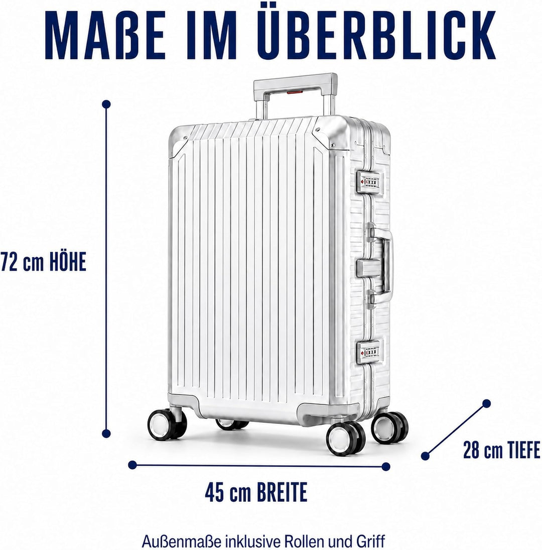 Travelhouse 100% Aluminium Reisekoffer Silber L-72cm Hartschalenkoffer 2X TSA Zahlenschloss 4 Silent