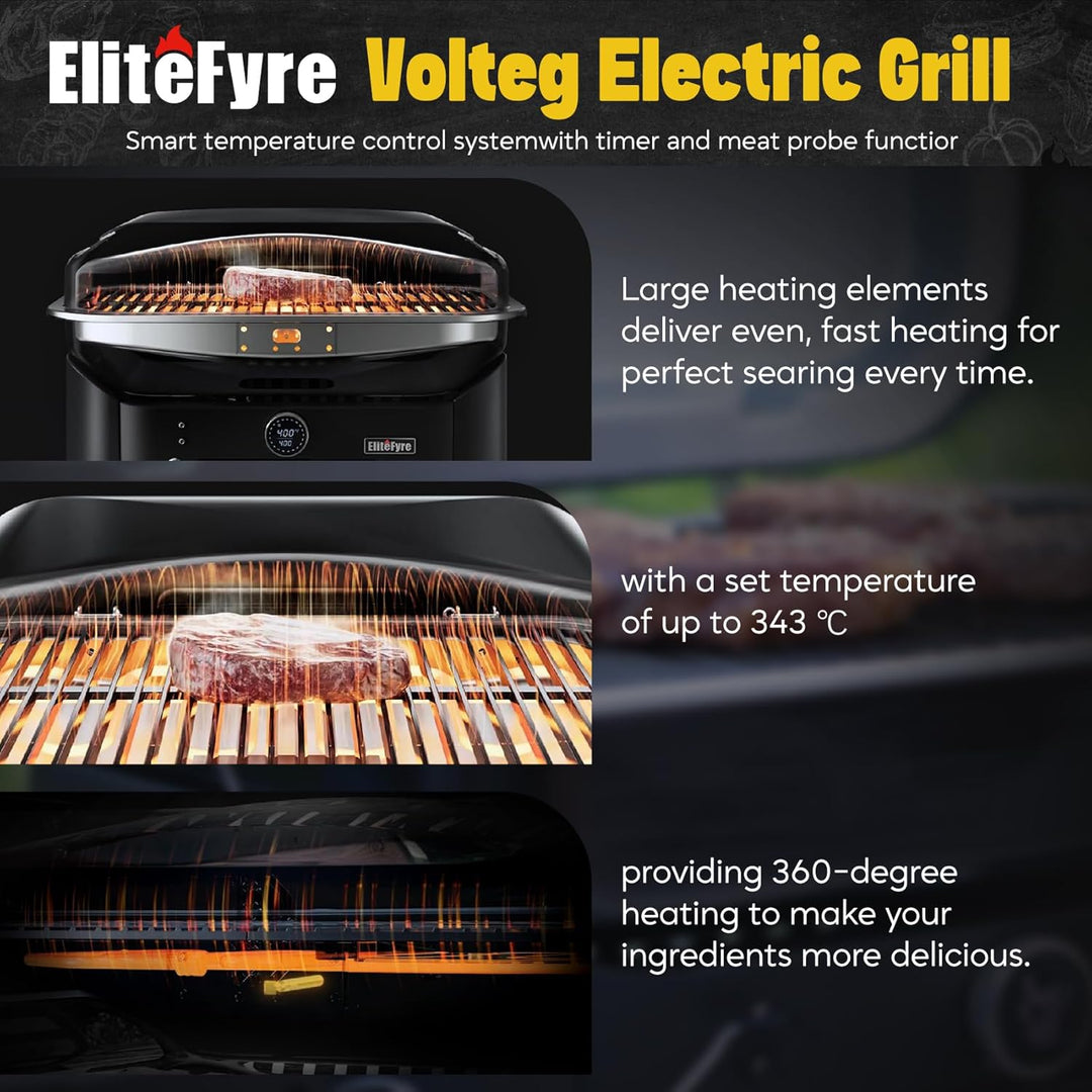 Volteq Smart Elektrogrill, 343°C Profi-Hitze in 20 Min, Tischgrill mit Fleischsonde & LED-Display, 1