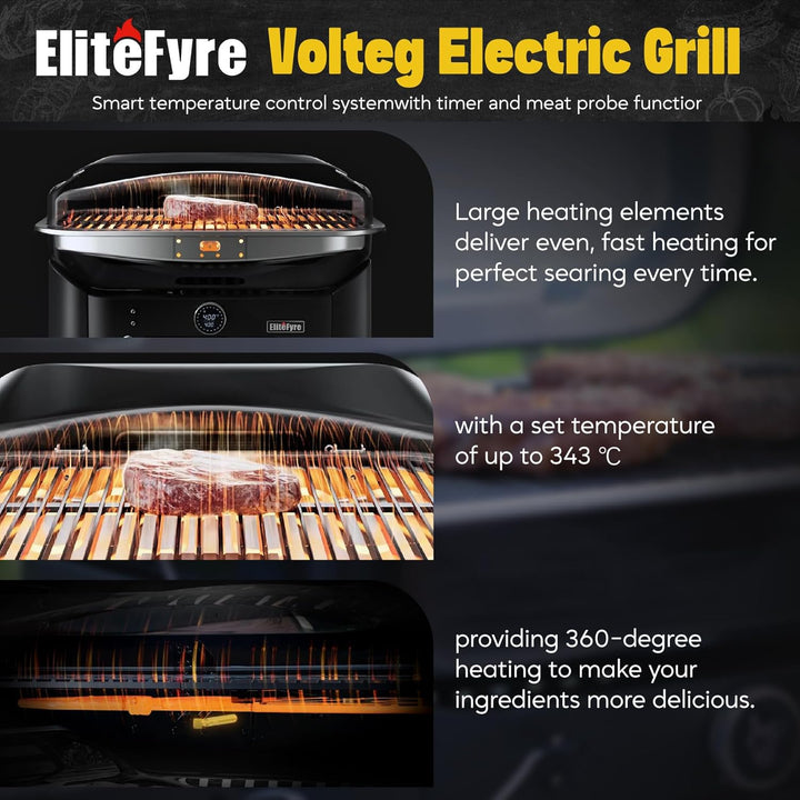 Volteq Smart Elektrogrill, 343°C Profi-Hitze in 20 Min, Tischgrill mit Fleischsonde & LED-Display, 1