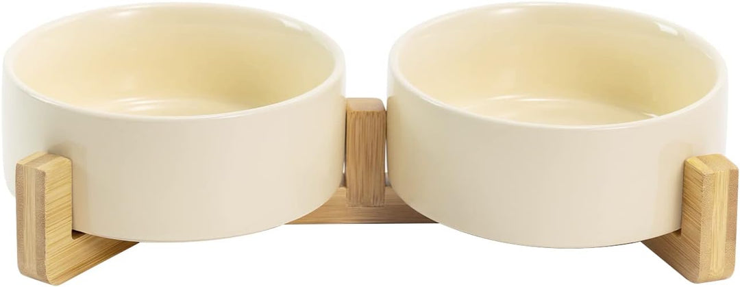 SPUNKYJUNKY Keramik Doppel Futternapf mit Bambus Ständer für Katzen und Hunde (400ml, Beige) Beige D
