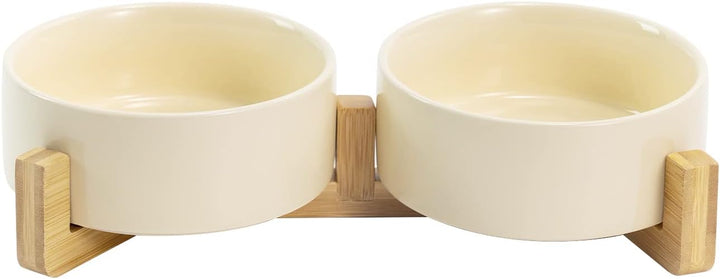 SPUNKYJUNKY Keramik Doppel Futternapf mit Bambus Ständer für Katzen und Hunde (400ml, Beige) Beige D