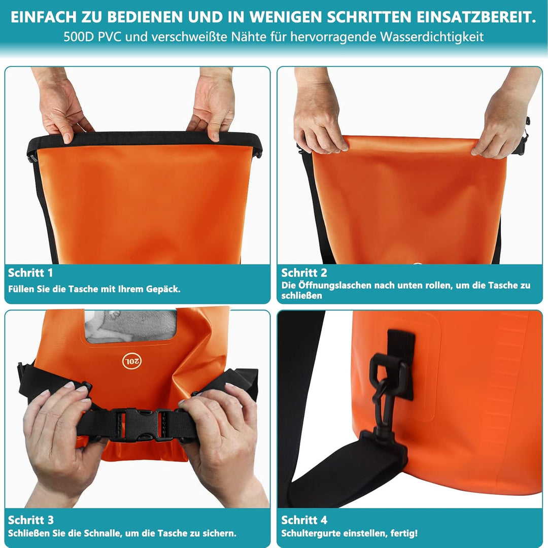wasserdichte Tasche für Wassersport, 10L/20L/30L Dry Bag mit Handy Tasche, Wasserfester Rucksack, Le