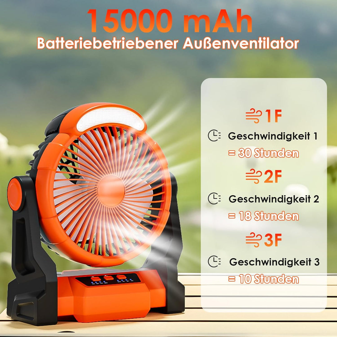 Dreamhigh® 15000mAh Akku Ventilator mit LED Lampe, Tragbarer Camping Ventilator, 3 Geschwindigkeiten