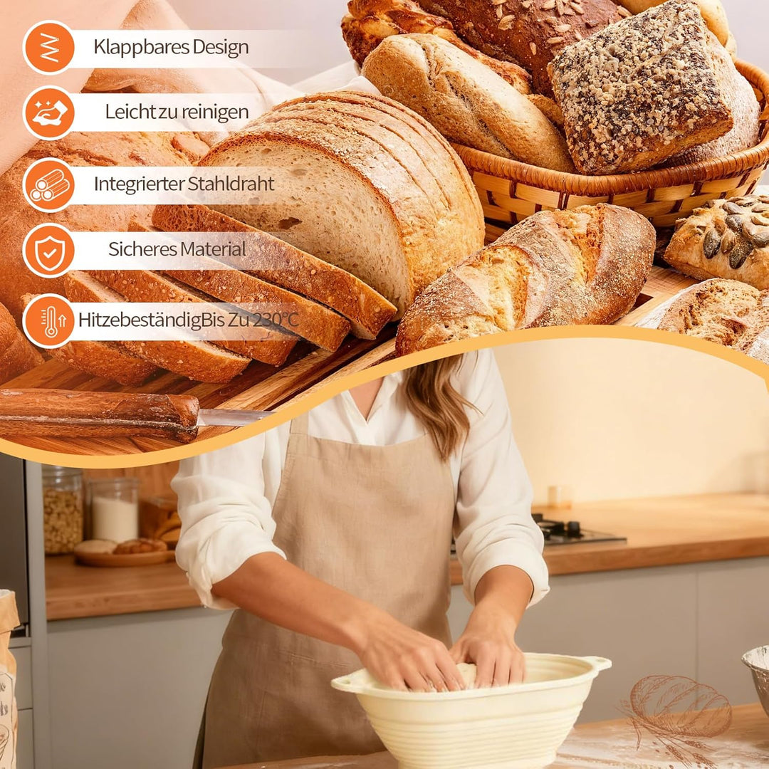 Daity Sauerteig Starter Set, 11-teilig Brot Backen Zubehör,28cm Klappbare Brot Gärkorb Oval,Handgeba