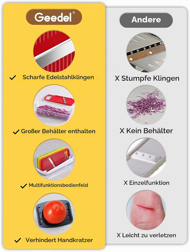 Geedel 4 in 1 Multifunktion Mandoline Gemüsehobel, Zwiebelschneider Gemüseschneider Manuell Käsereib