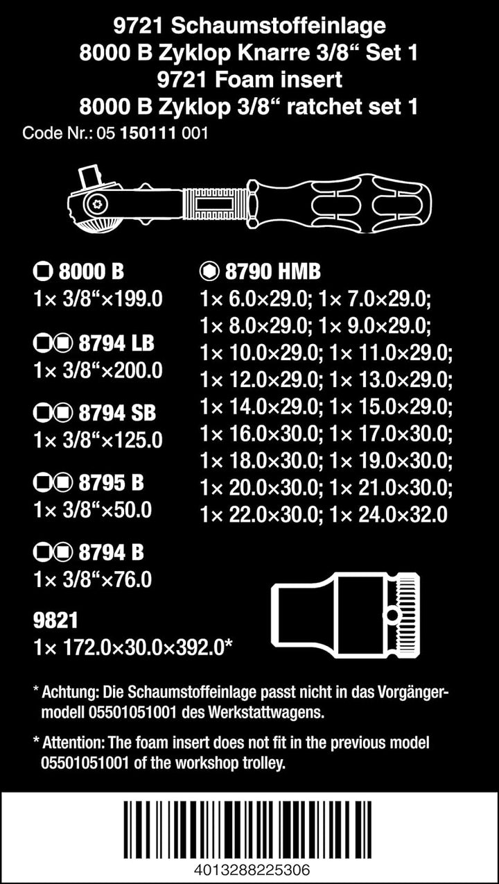 Wera 05150111001 9721 Schaumstoffeinlage, 8000 B Zyklop Knarre 3/8" Set 1, 23-teilig 9721 8000 B, Zy