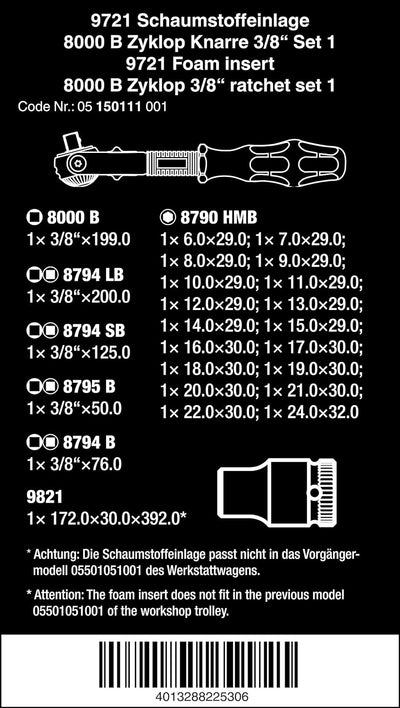 Wera 05150111001 9721 Schaumstoffeinlage, 8000 B Zyklop Knarre 3/8" Set 1, 23-teilig 9721 8000 B, Zy