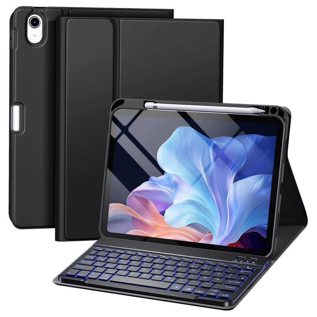 drivego Hülle mit Tastatur für iPad 10 Generation 10.9 Zoll 2022, 7-Farbige Beleuchtete, Magnetische