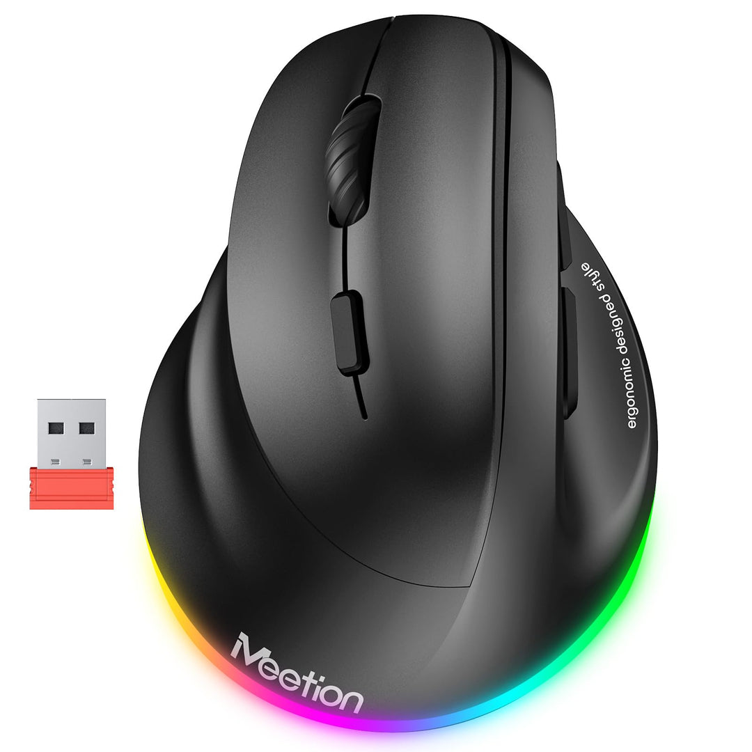 MEETION Linkshänder-Maus, Ergonomisch, Kabellos, Vertikal, RGB für Bluetooth (5.2 + 3.0) und USB-A M