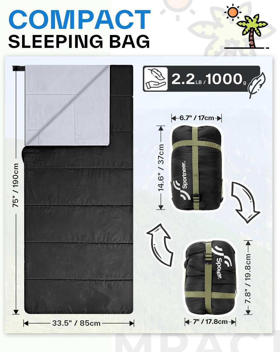 Schlafsack Sommerschlafsack: Sportneer 190×85cm Schlafsacke Sommer Tragbar Leicht Wasserdicht Sleepi