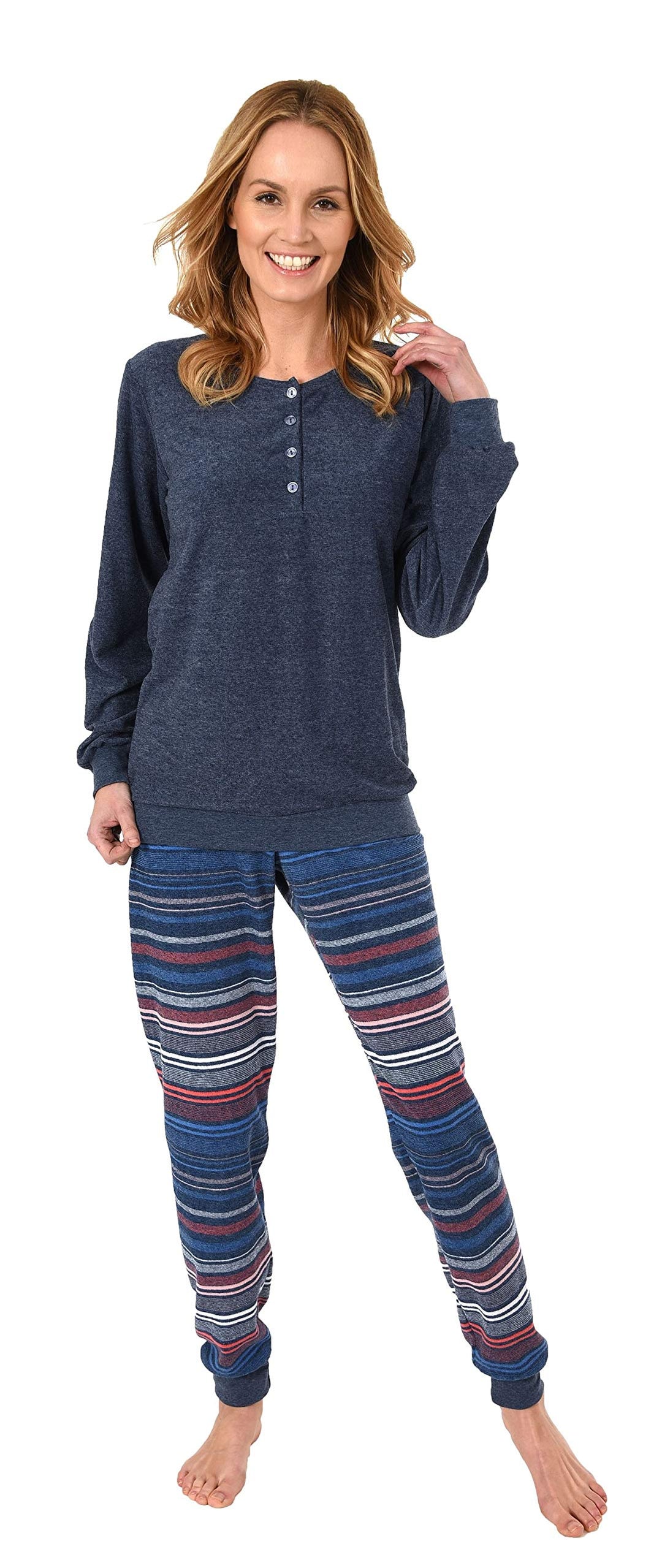 NORMANN-Wäschefabrik Damen Frottee Pyjama mit Bündchen & Knopfleiste am Hals, auch in Übergrössen bi