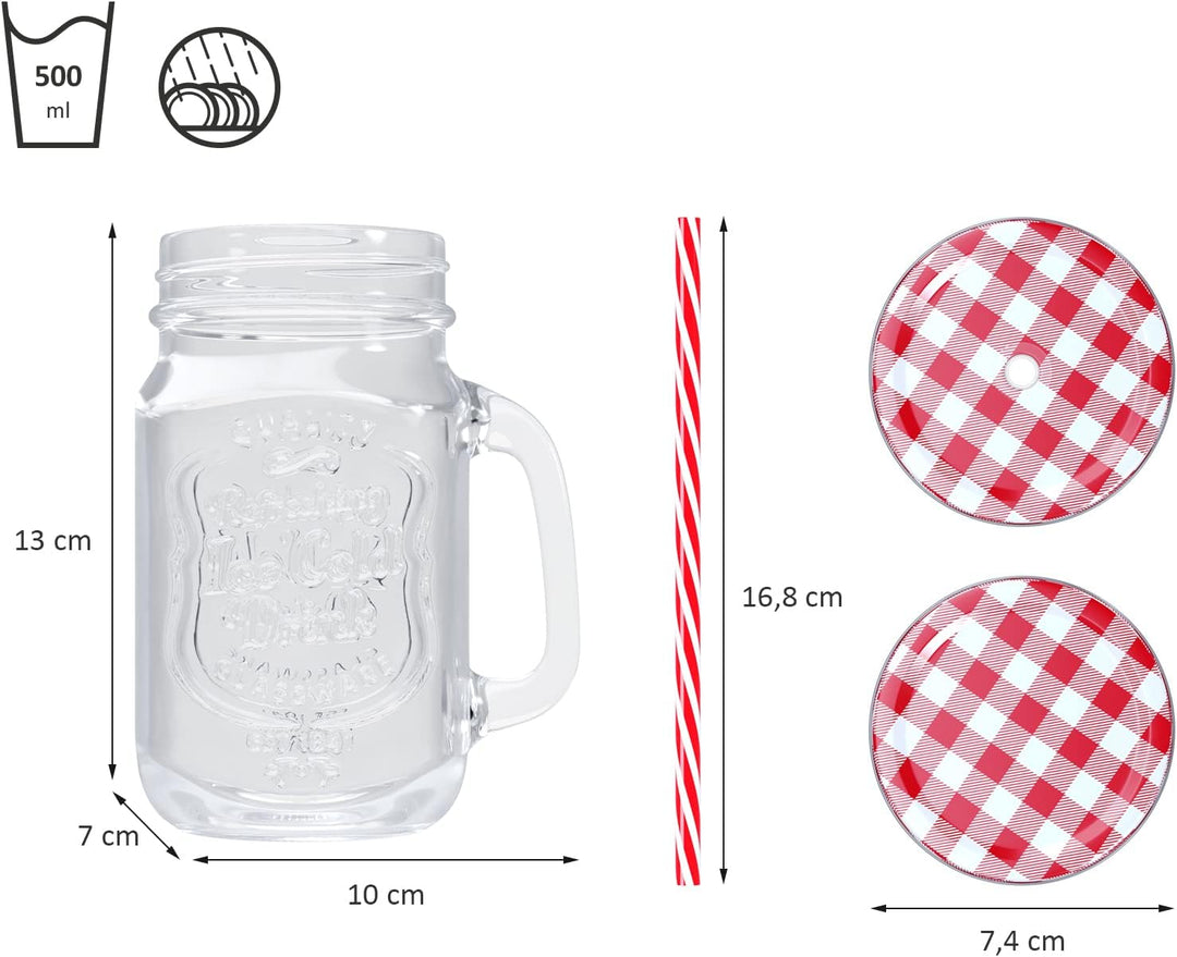 WELLGRO Trinkgläser Set bunt mit Deckel und Trinkhalm 500ml inkl. Ersatzdeckeln Mehrweg Cocktail Glä