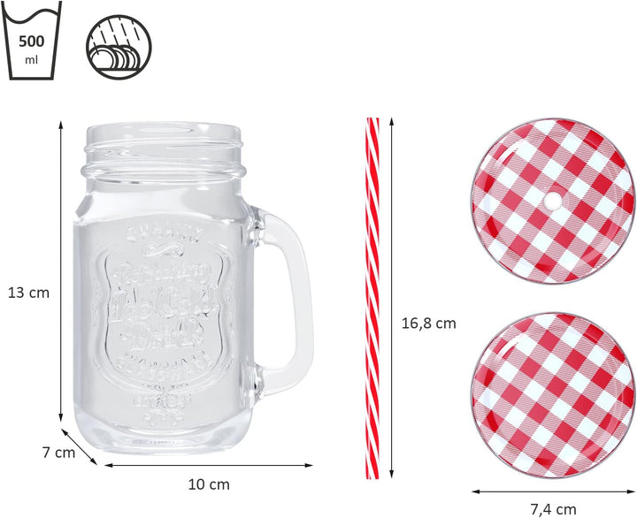 WELLGRO Trinkgläser Set bunt mit Deckel und Trinkhalm 500ml inkl. Ersatzdeckeln Mehrweg Cocktail Glä
