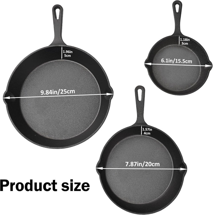 vivicreate Gusseisen-Pfannen-Set, vorgebrannt, 6/8/10 Zoll, Schwarz, 3-teilig