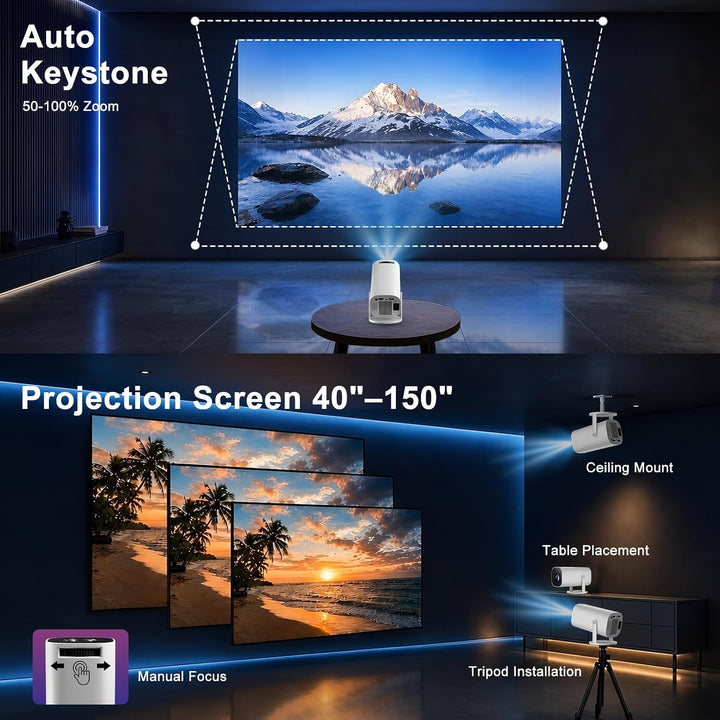 Mini Beamer Unterstützt 4K 1080P, Tragbarer Projektor mit WiFi 6 BT 5.4, Automatische Trapezkorrektu
