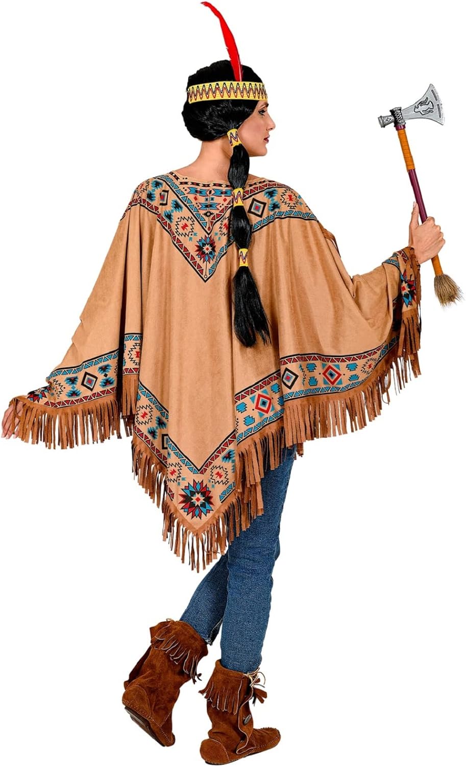 MIMIKRY Indianerin Indianer Poncho Wildleder-Optik mit Ethno-Druck Fransen Federn Wilder Westen West