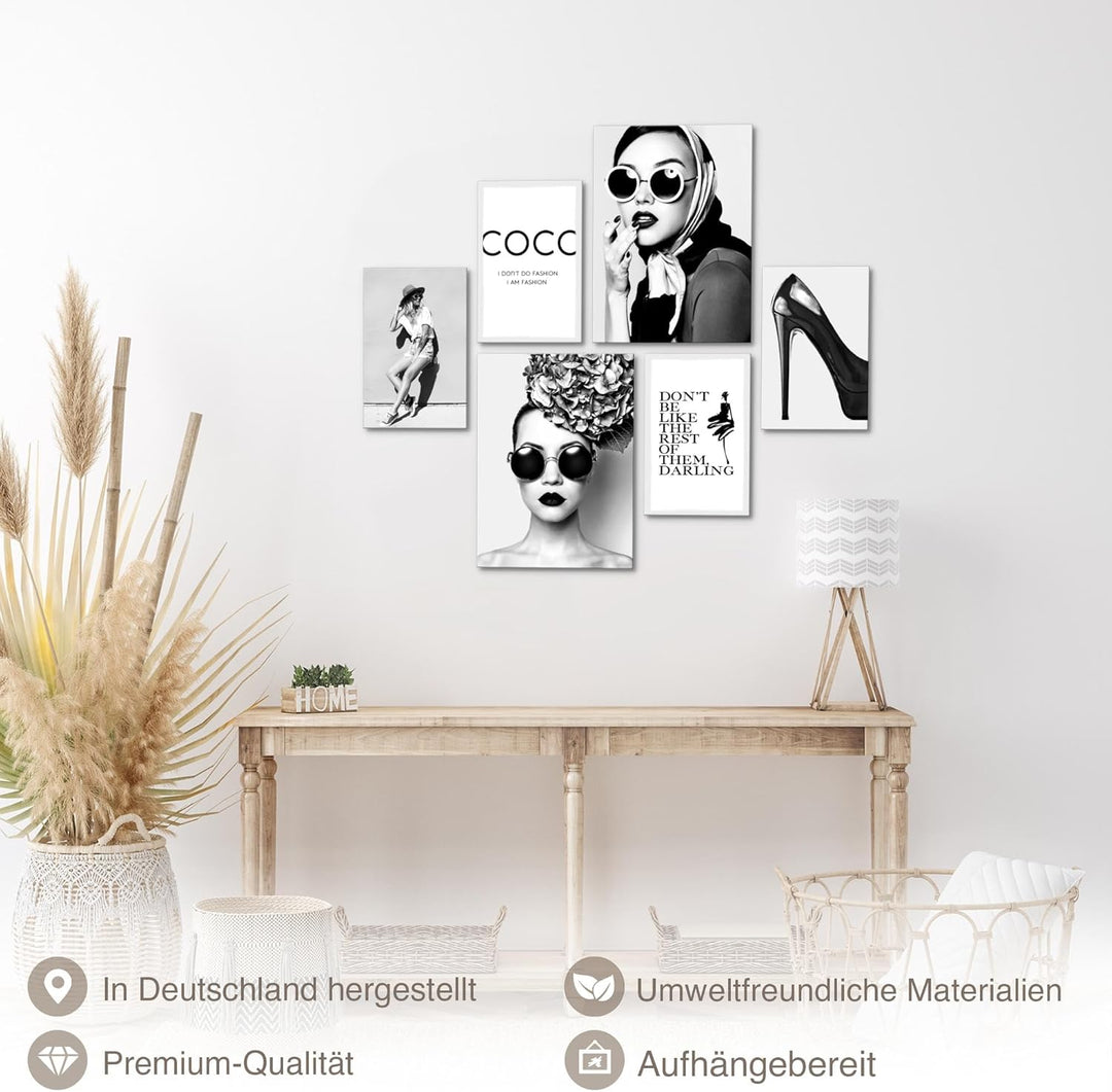 Novart Wandbilder Set Coco Fashion Schwarz Weiss - KEIN EXTRA RAHMEN BENÖTIGT - Modern Deko - Wohnzi
