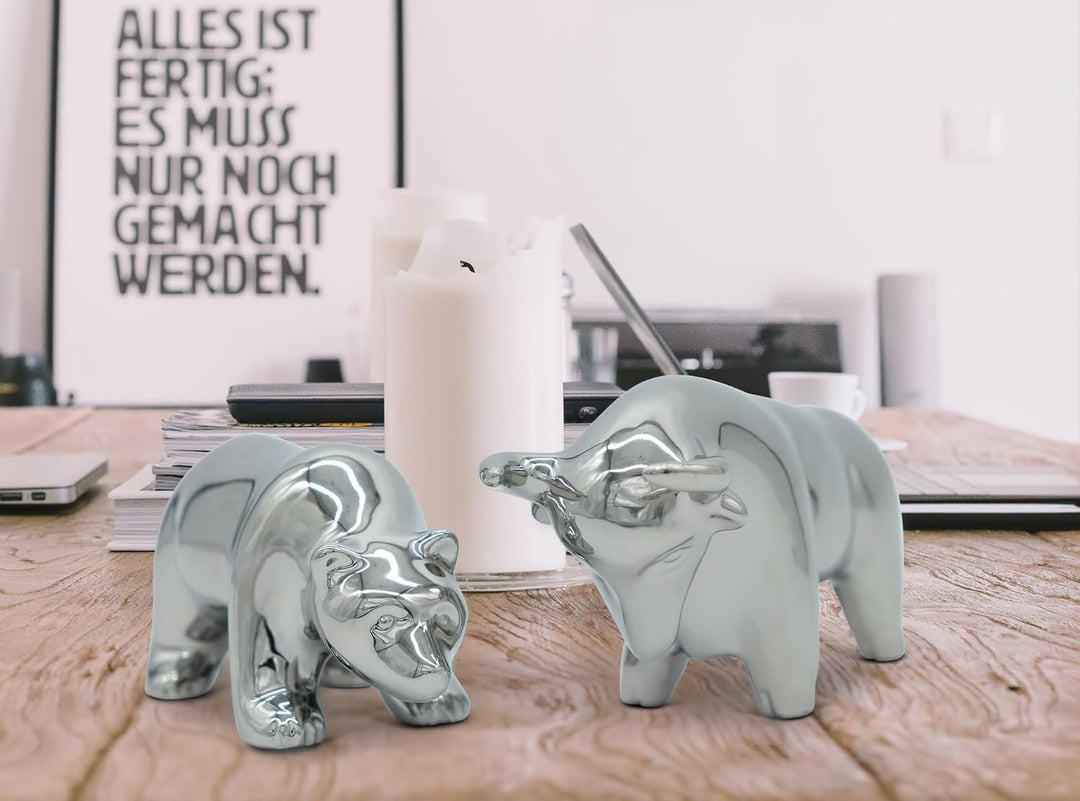 FeinKnick Keramik-Skulptur Bulle und Bär als Symbol für Wirtschaft &amp; Börse - Moderne Dekofigur in Si