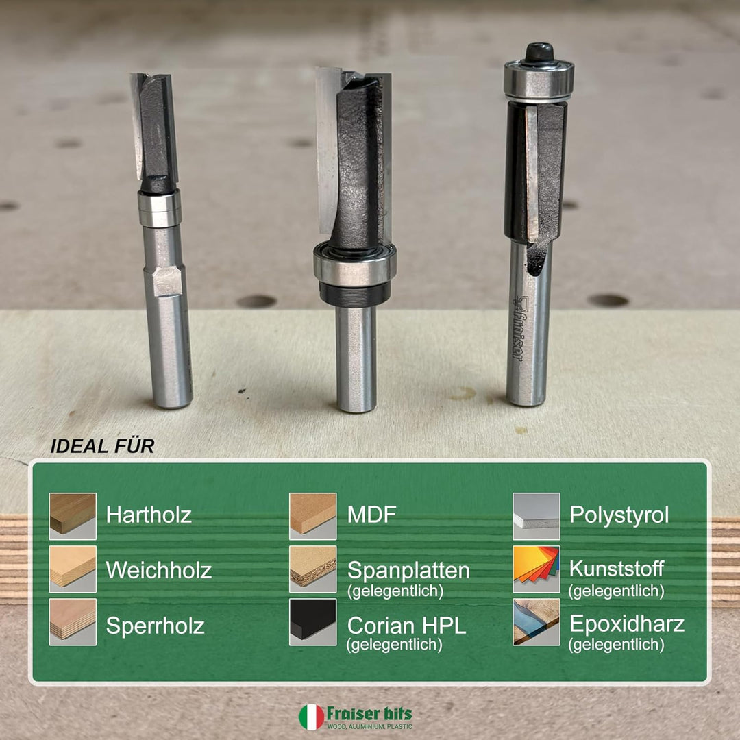 Fraiser 3er Set Kopierfräser und Bündigfräser mit oberem und unterem Kugellager – 8 mm Schaft, Präzi