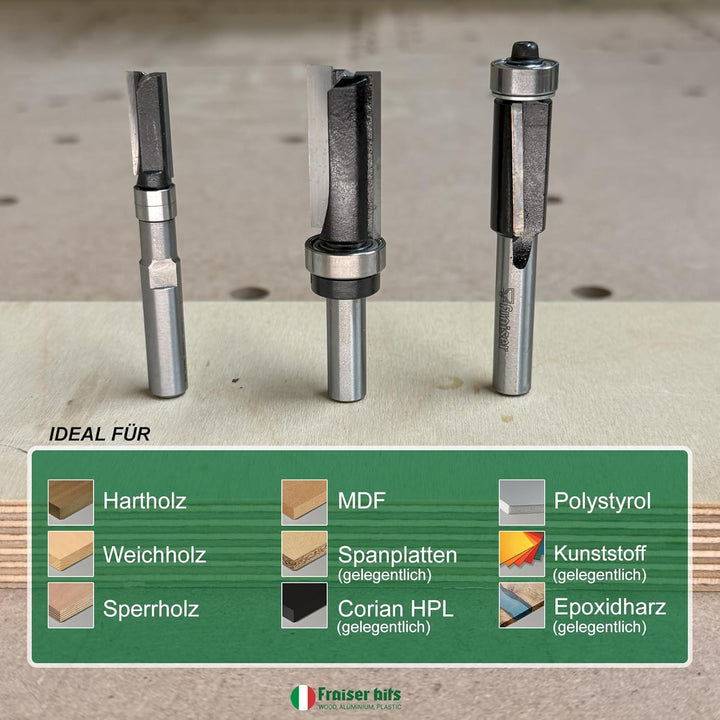 Fraiser 3er Set Kopierfräser und Bündigfräser mit oberem und unterem Kugellager – 8 mm Schaft, Präzi