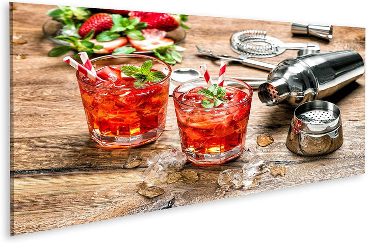 islandburner Bild auf Leinwand Rotes Getränk EIS Cocktail Bar Erdbeer-Minze-Blätter Bilder Wandbilde