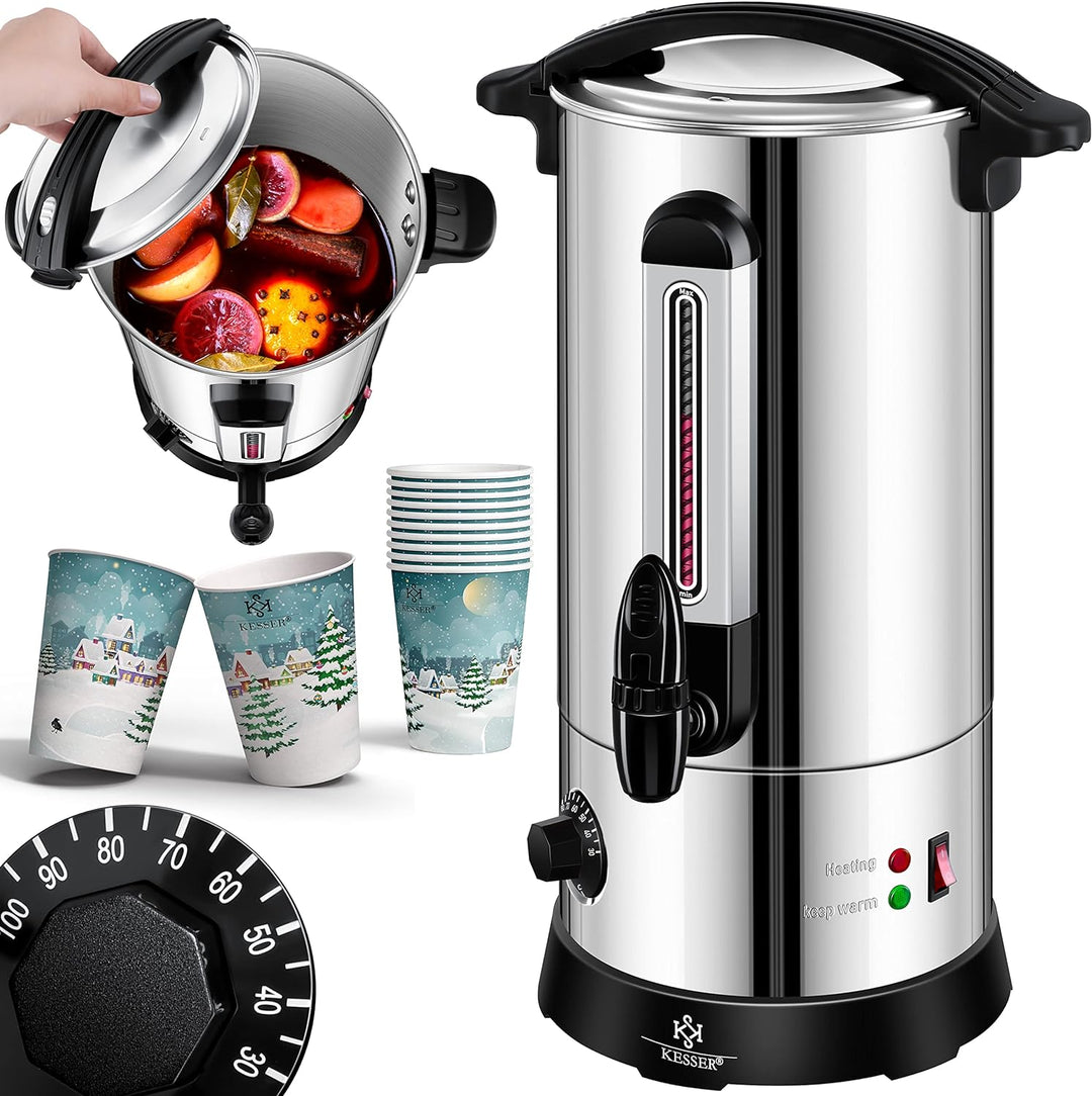 KESSER® Glühweinkessel 10L Edelstahl Inkl. 10x Becher Glühweinkocher mit Thermostat Glühweinautomat
