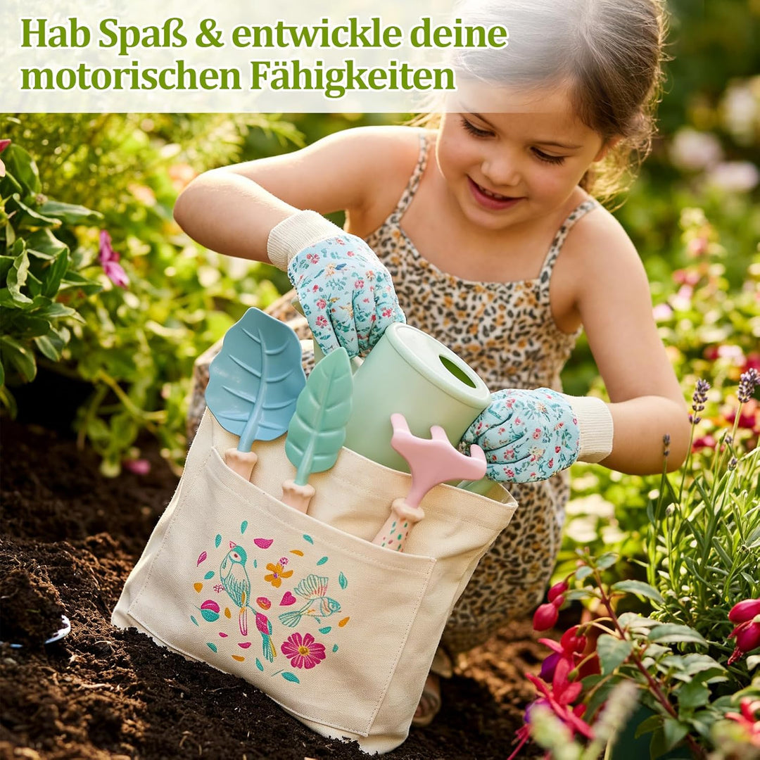 FITNATE Kinder Gartenarbeit Set,6 PCS Gartenwerkzeug Kinder Mit 3 Gartengeräte, Gartenhandschuhe & A