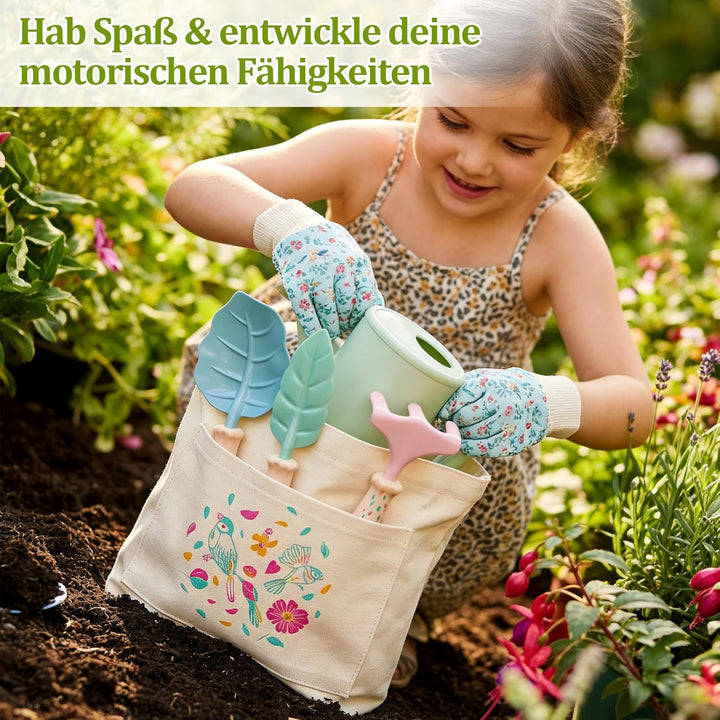 FITNATE Kinder Gartenarbeit Set,6 PCS Gartenwerkzeug Kinder Mit 3 Gartengeräte, Gartenhandschuhe & A