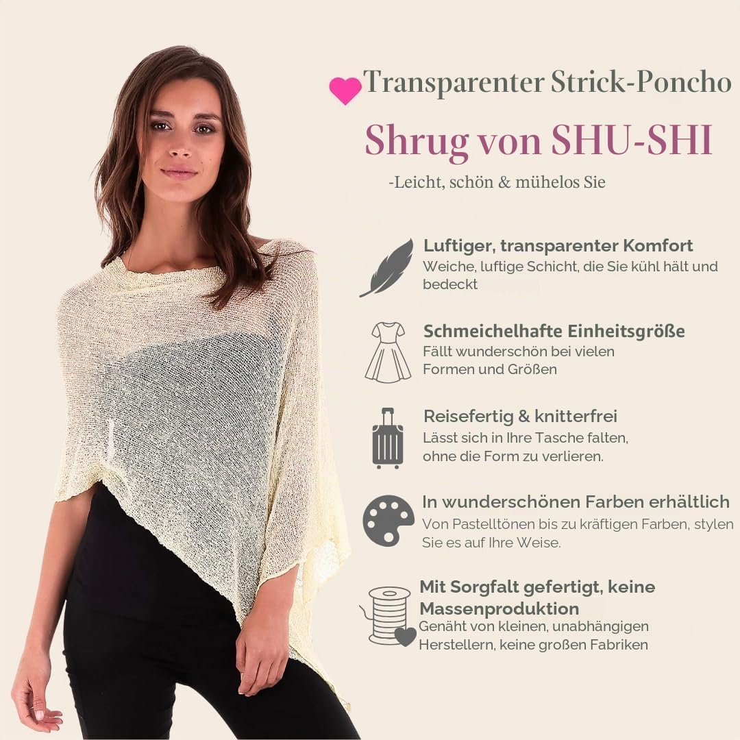 SHU-SHI - Damen Poncho-Top - transparent - leichtes Strickmaterial Cremiges Gelb, Cremiges Gelb