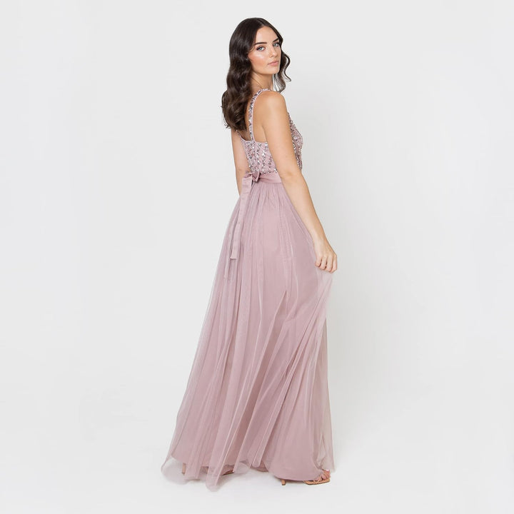 Maya Deluxe Damen Maxi Abendkleid Elegant für Hochzeit mit V-Ausschnitt Tüllkleid Schleife Brautjung