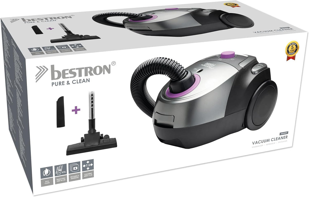 Bestron Staubsauger mit Beutel, Bodenstaubsauger inkl. 3 Staubsaugerbeutel, 94cm Teleskopstange & um
