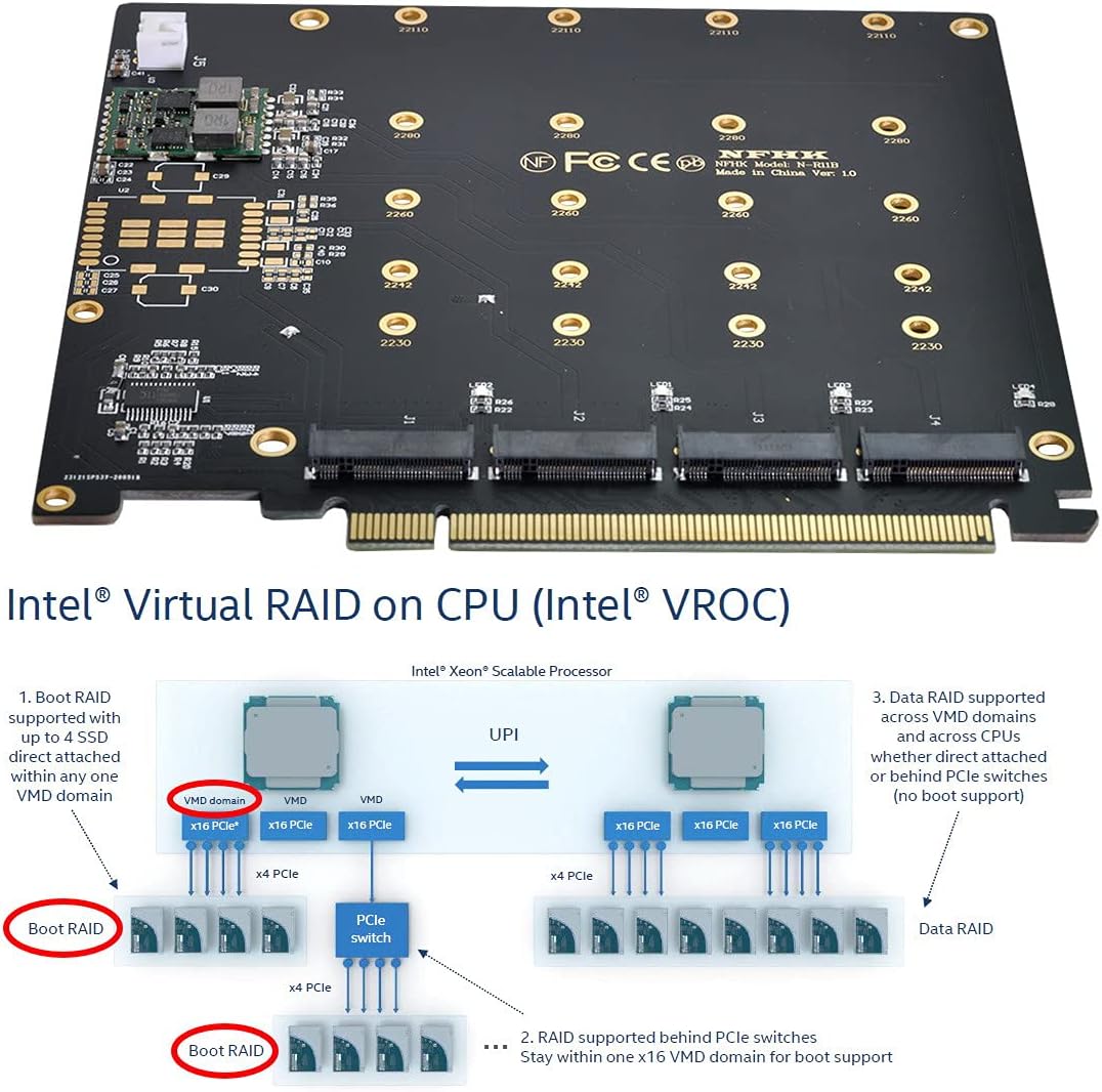 Xiwai 4 x NVME M.2 AHCI auf PCI-E Express 3.0 Gen3 X16 Raid Karte mit Lüfter VROC Raid0 Hyper Adapte