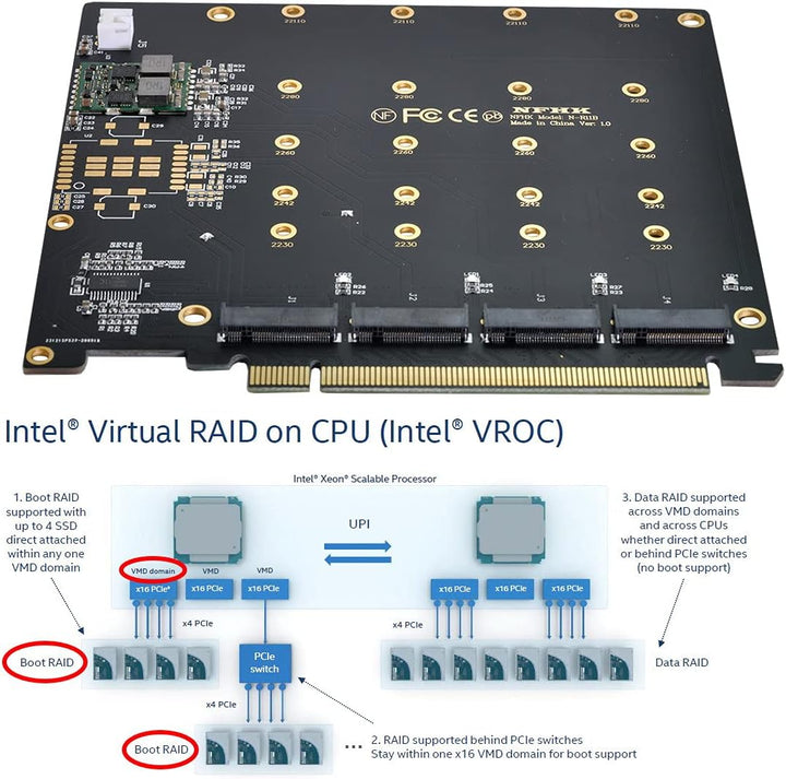 Xiwai 4 x NVME M.2 AHCI auf PCI-E Express 3.0 Gen3 X16 Raid Karte mit Lüfter VROC Raid0 Hyper Adapte