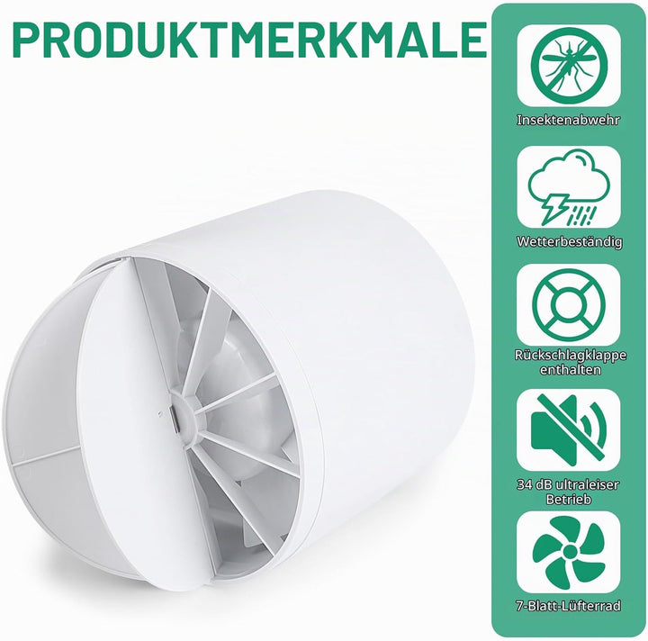 lalago Kanal Rohrventilator 100mm, Inline-Abluftventilator 34dB Leise Weiss, Rohrlüfter mit Rückstau