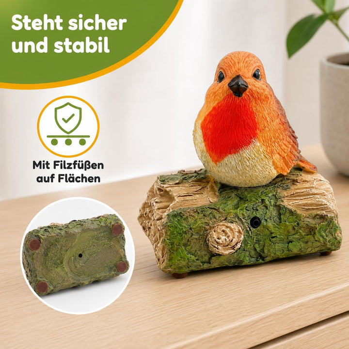 MIJOMA Dekovogel mit Vogelgezwitscher & Bewegungsmelder – Zwitschernder Vogel auf AST, Handbemalt, 1