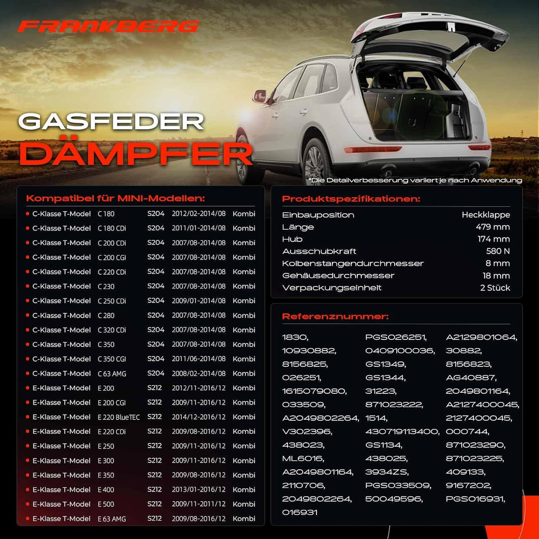 Frankberg 2x Gasfeder Heckklappe Kompatibel mit C-Klasse T-Model S204 C180-C350 C63 AMG Kombi 2007-2