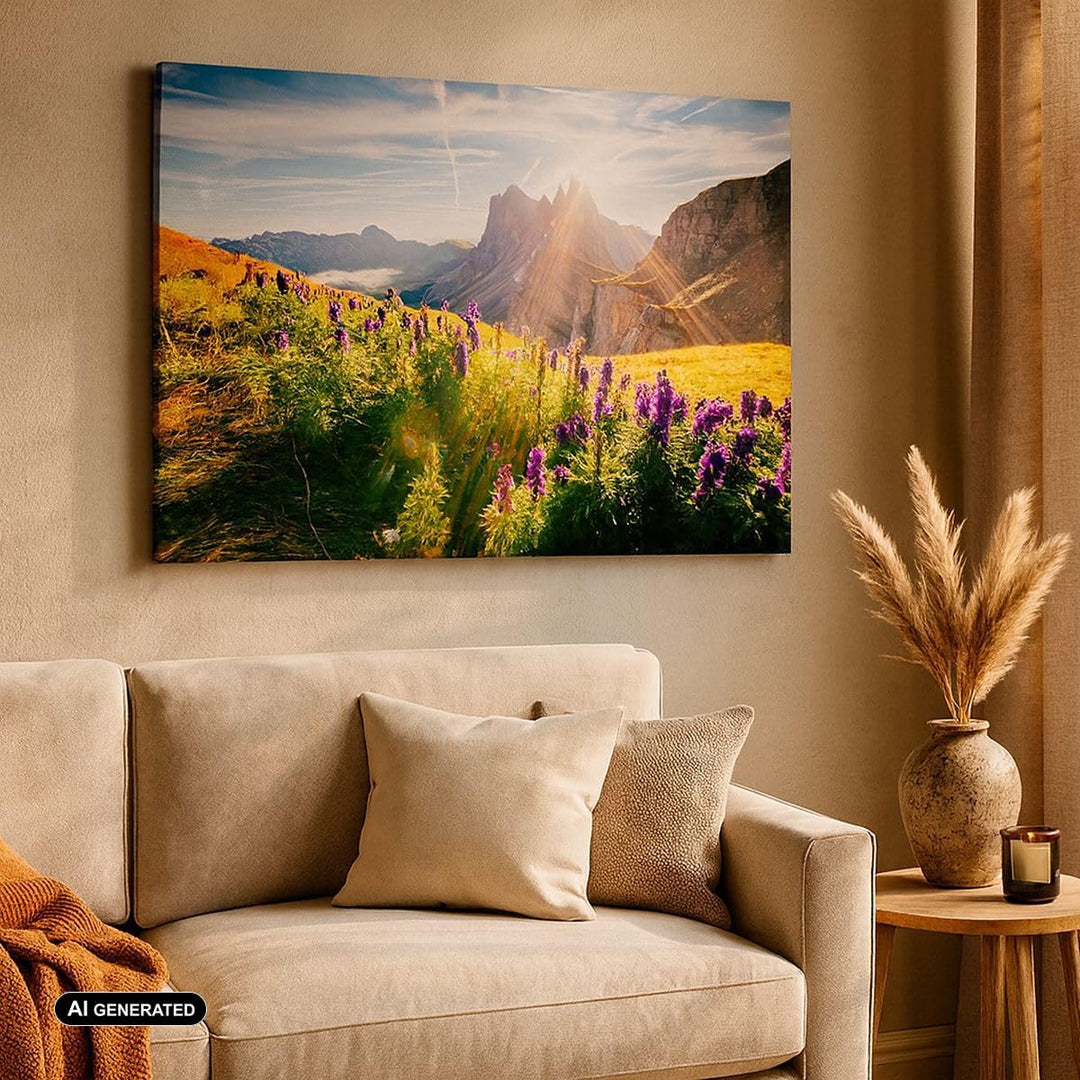 Bilder auf Leinwand Berge Wiese Blumen Leinwandbild mit Rahmen 70x50cm Wandbilder Dekoration Wohnzim