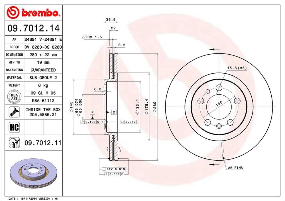 Brembo 09.7012.11 Vordere Bremsscheibe mit UV Lackierung, Anzahl 2 Single, Single