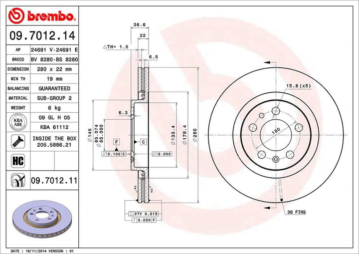 Brembo 09.7012.11 Vordere Bremsscheibe mit UV Lackierung, Anzahl 2 Single, Single