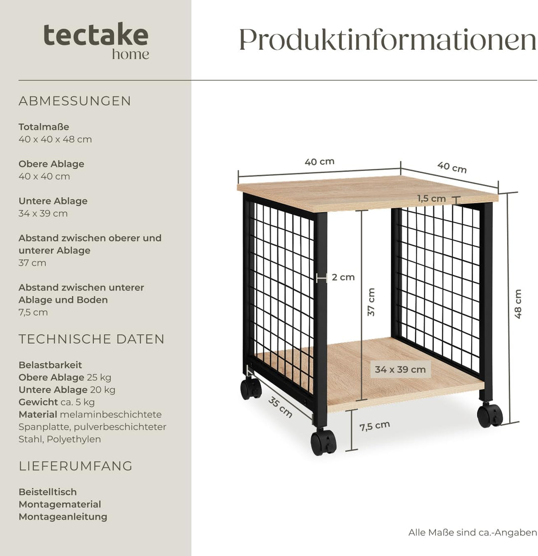 tectake Beistelltisch mit 2 Ablagen und Rollen, Nachttisch im Industrie-Design, 40 x 40 x 48 cm, für