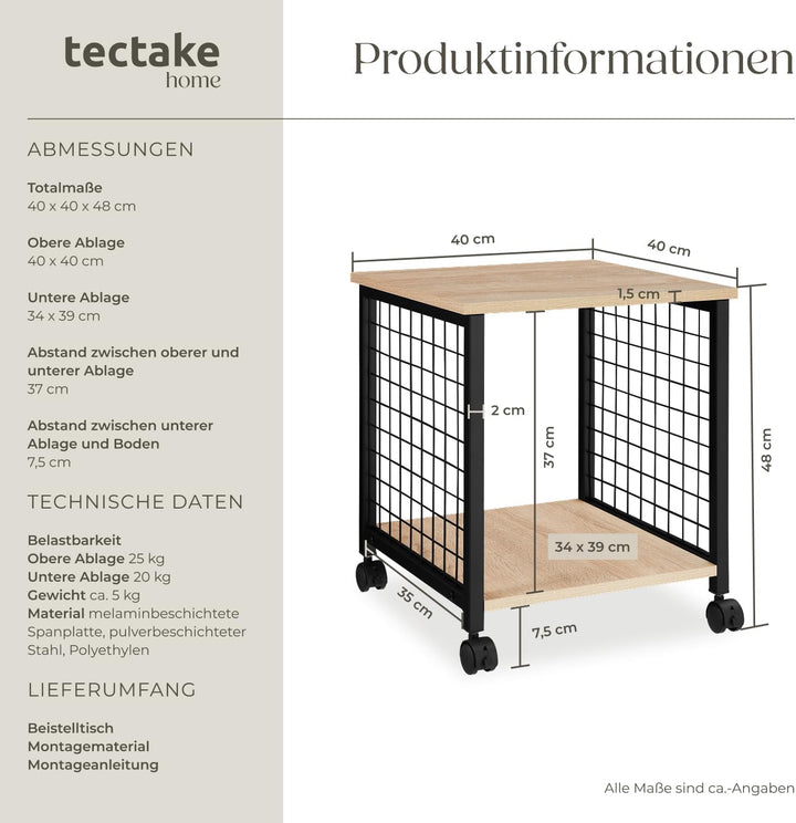 tectake Beistelltisch mit 2 Ablagen und Rollen, Nachttisch im Industrie-Design, 40 x 40 x 48 cm, für