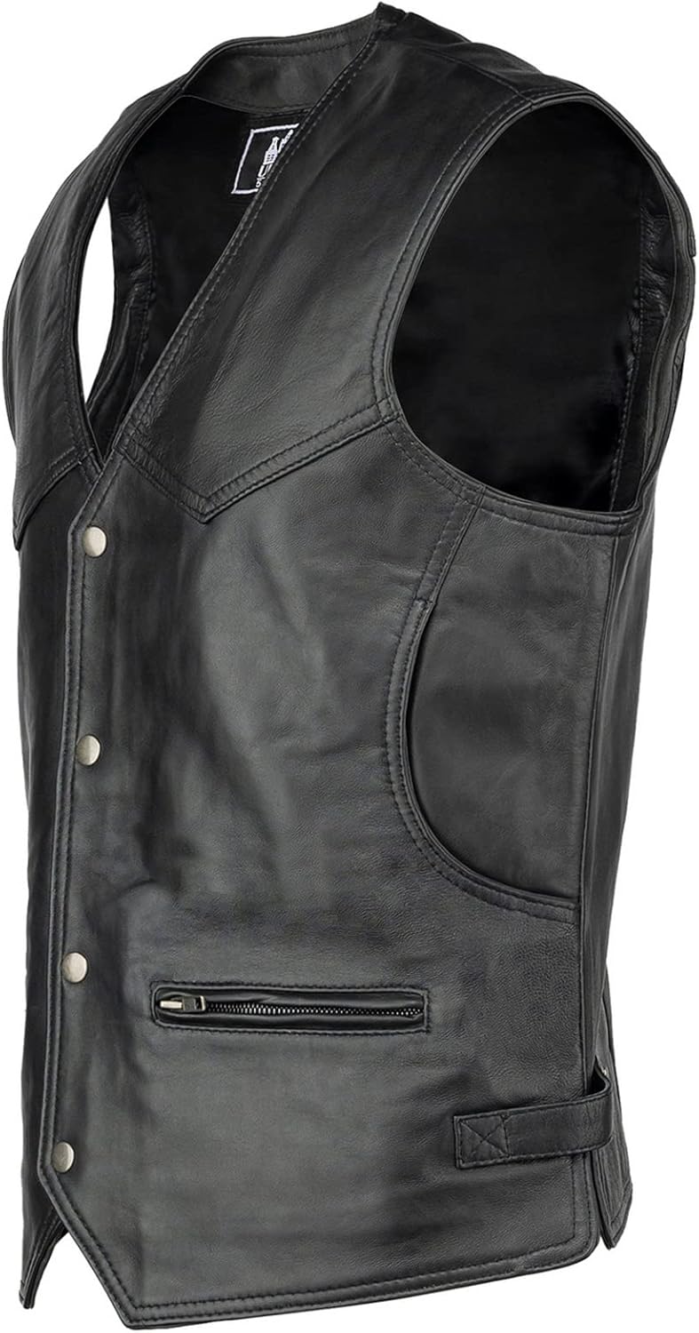 URBAN 5884 Bikergilet aus echtem Leder, bequemes Schafsfell, Bikergilet mit Knopfverschluss M Schwar
