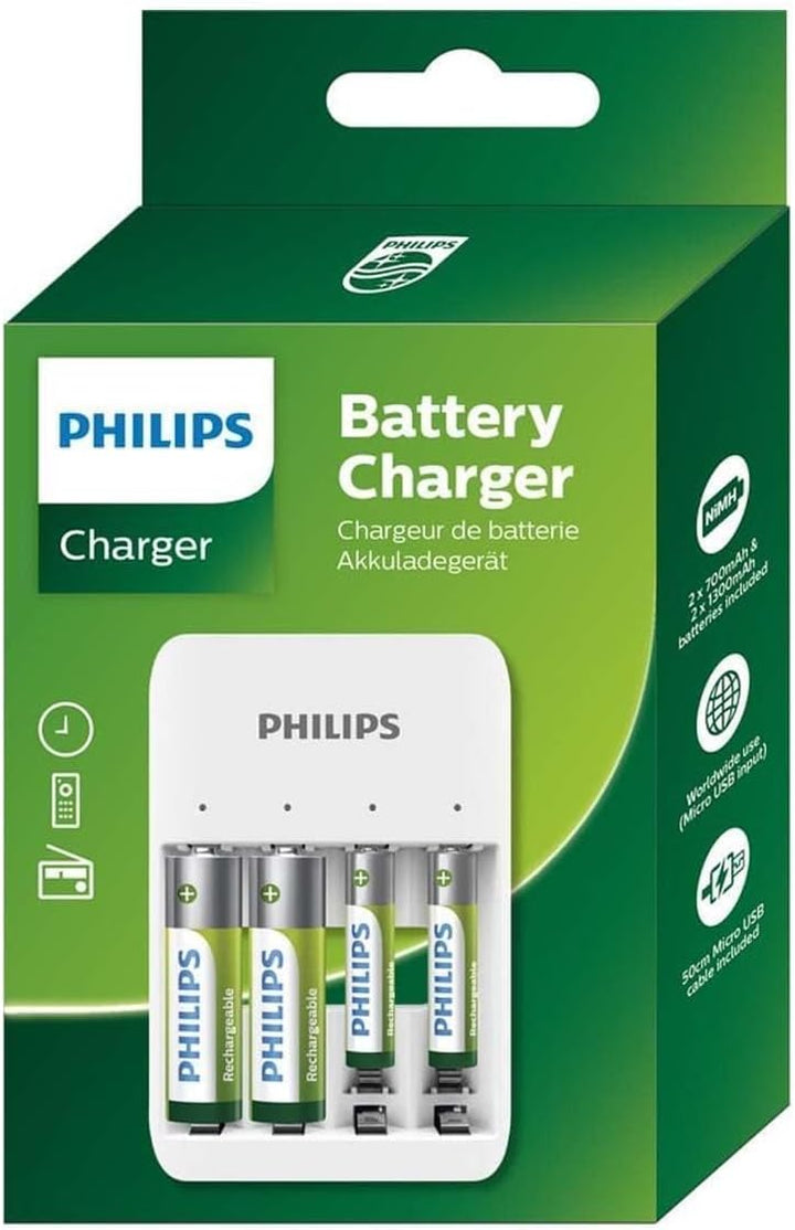 Philips Batterieladegerät - USB-Anschlüsse - Inkl. AA-Batterien und AAA-Batterien - Akku Ladegerät U