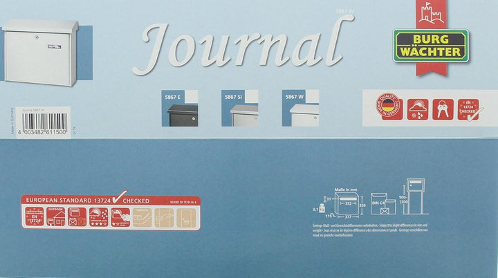 Burg Wächter Journal 5867 W, Weiss, 320 x 377 x 115 mm Weiss Briefkasten, Weiss Briefkasten