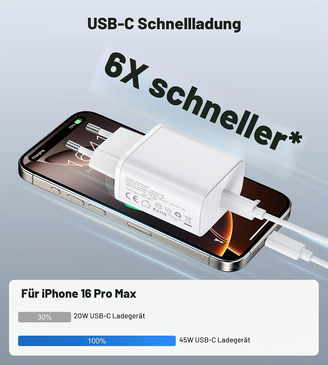 45W USB C Ladegerät Ladekabel for iPhone 17 16 15/17 16 15 Pro/17 16 15 Pro Max/17 Air/16 15 Plus/iP