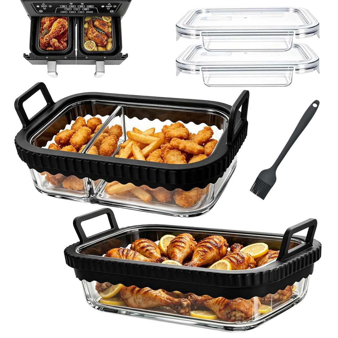 2 Stück Auflaufform Airfryer für Ninja & Cosori 2 Kammern Glasform mit Deckel & Abnehmbaren Griffen